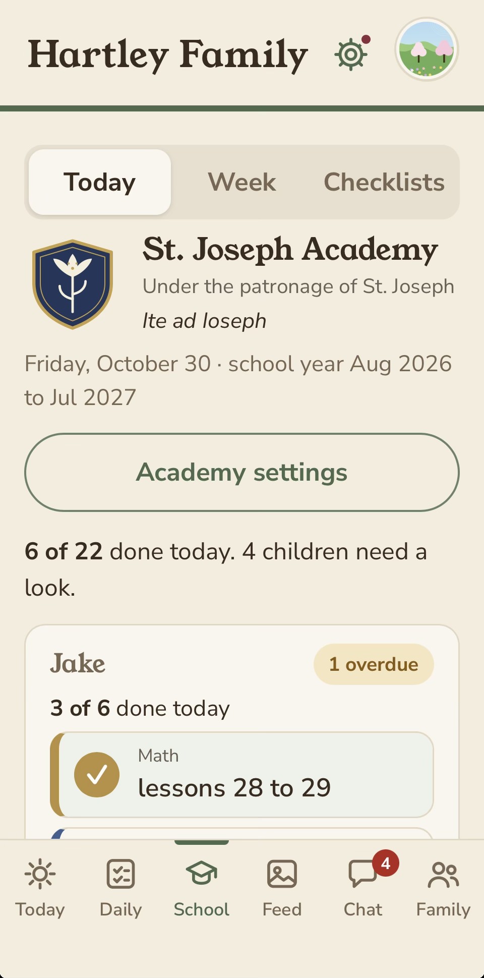 The School page with today's lessons for each child